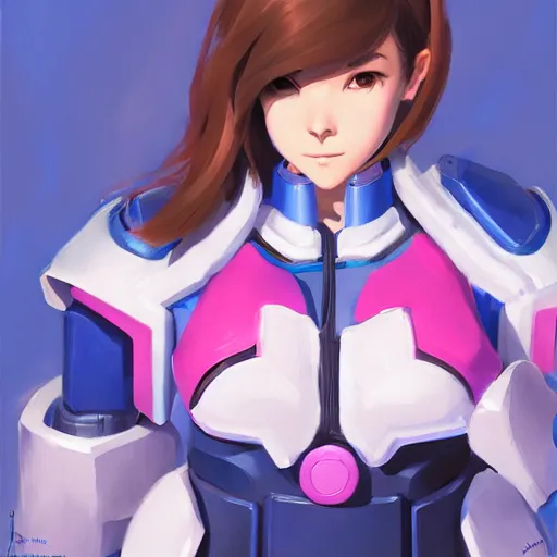 Image similar to Nerf This! D.VA from Overwatch wearing a police uniform, holding handcuffs in one hand Blizzard Concept Art Studio Ghibli. oil paint. 4k. by brom.