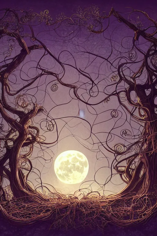 Prompt: a beautiful digital illustration painting of a detailed gothic fantasy full moon and roots, throne chair and vines by by benoit b. mandelbrot, howard arkley. 8 k resolution trending on artstation concept art digital illustration