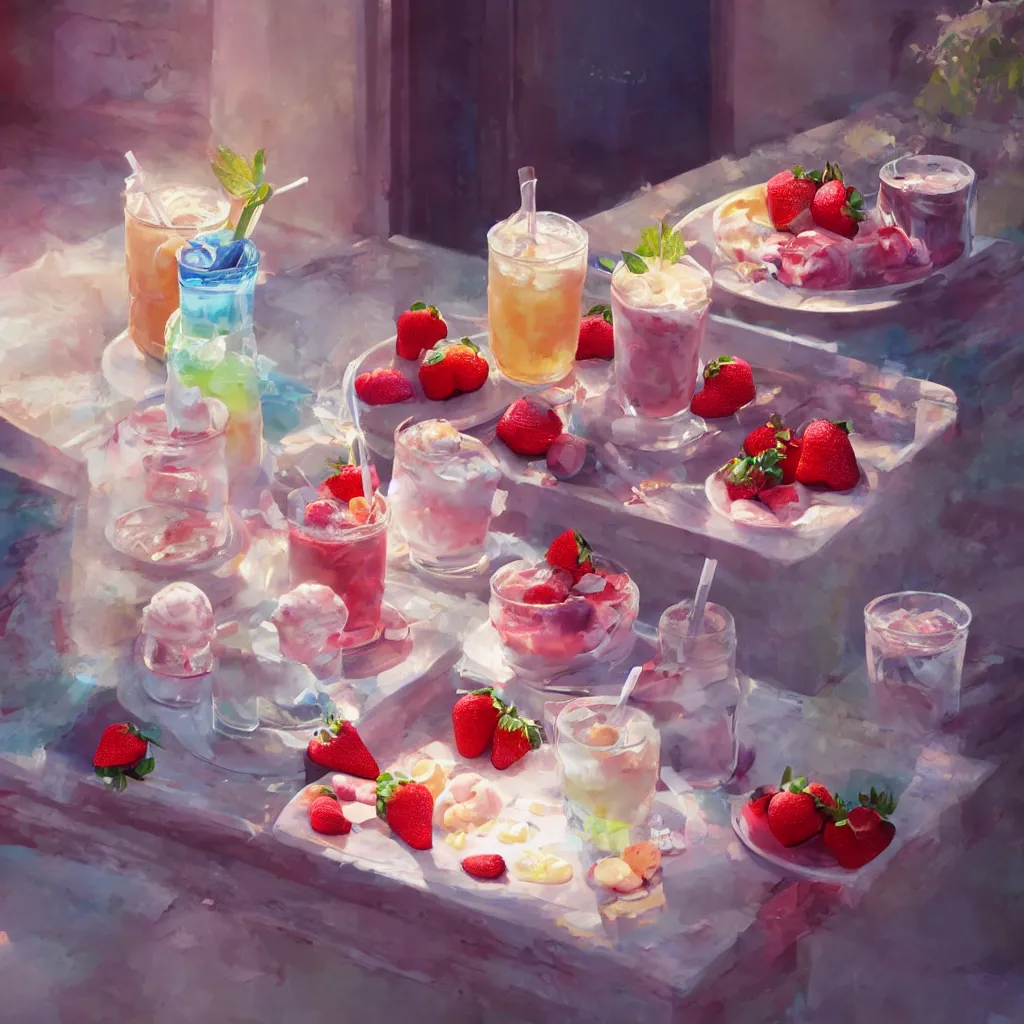 Image similar to a still life painting of cold drinks, ice cream, strawberry embellishment, in the style of makoto shinkai, dreamy, soft, global illumination, radiant light, intricate environment, luminescence, highly detailed, 8 k