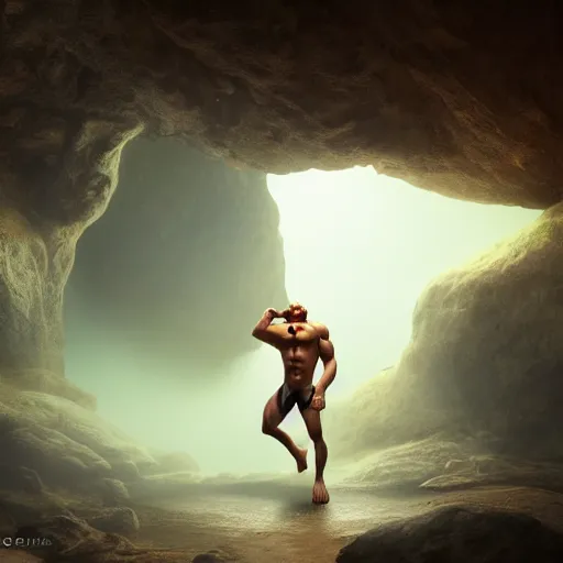 Image similar to photo realistic Hanuman meditating in caves of magical world, foggy ,muscular body,glowing effect, clean clear face,artstation, devianart, hyperreal, hyperdetailed, 8k,hd