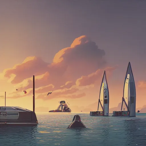 Image similar to yachting club by simon stalenhag