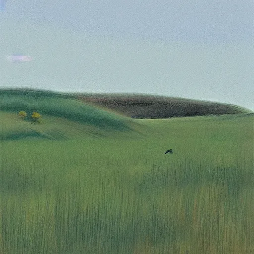 Image similar to “a soft prairie landscape during august, late afternoon, bushes in distance, in the style of Andrew Wyeth, muted colours”