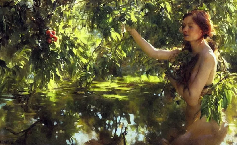 Prompt: oil painting lanscape by anders zorn, jungle nature, fruit trees, very very very very beautiful art, dramatic light, water reflections, female model