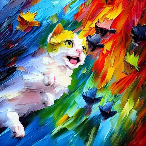 Image similar to palette knife oil painting of a flock of flying kittens