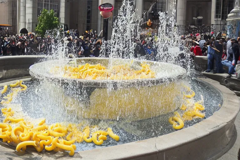 Image similar to a public fountain filled with macaroni and cheese