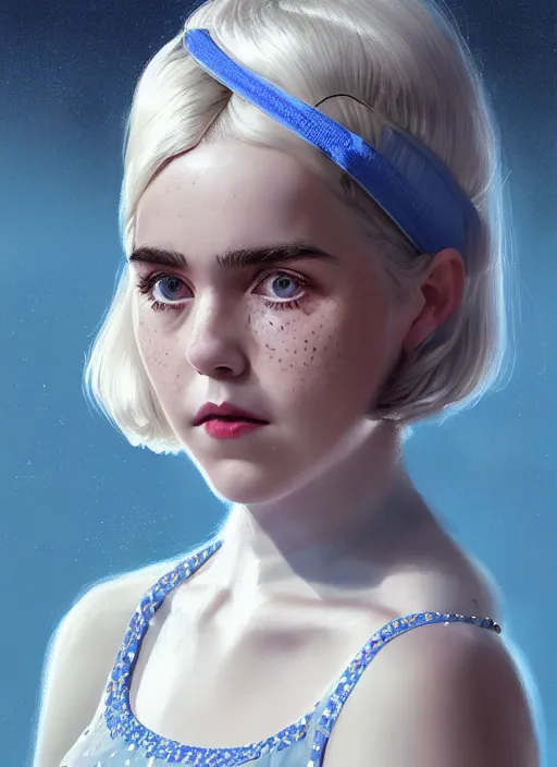 Image similar to portrait of kiernan shipka with freckles, white hair, 1 9 6 0 s bob hairstyle with bangs and hairband, blue 1 9 6 0 s dress, intricate, elegant, glowing lights, highly detailed, digital painting, artstation, concept art, smooth, sharp focus, illustration, art by wlop, mars ravelo and greg rutkowski