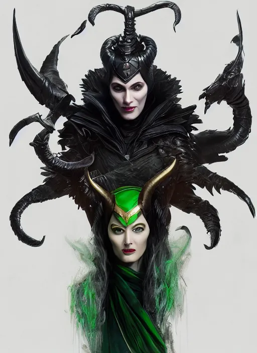 Image similar to loki as maleficent, naturel, hyper detailed, digital art, trending in artstation, cinematic lighting, studio quality, smooth render, unreal engine 5 rendered, octane rendered, art style by klimt and nixeu and ian sprigger and wlop and krenz cushart