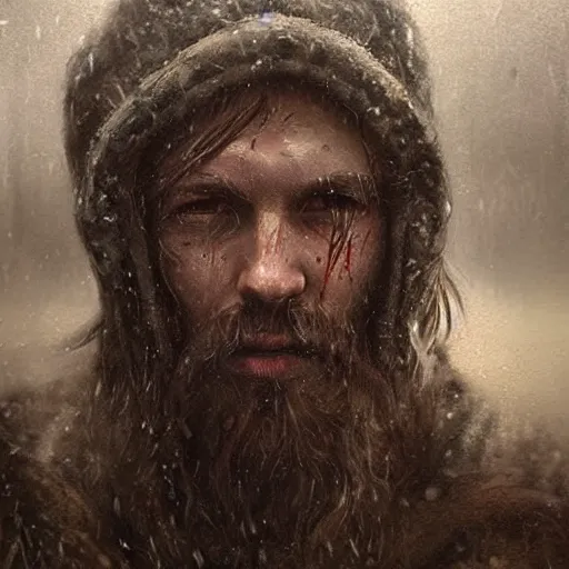 Prompt: a terryfing viking with beard, scarred, wet, raining, close up, rim lighting, portrait, sinister atmospheric lighting. highly detailed painting by greg rutkowski, anime style