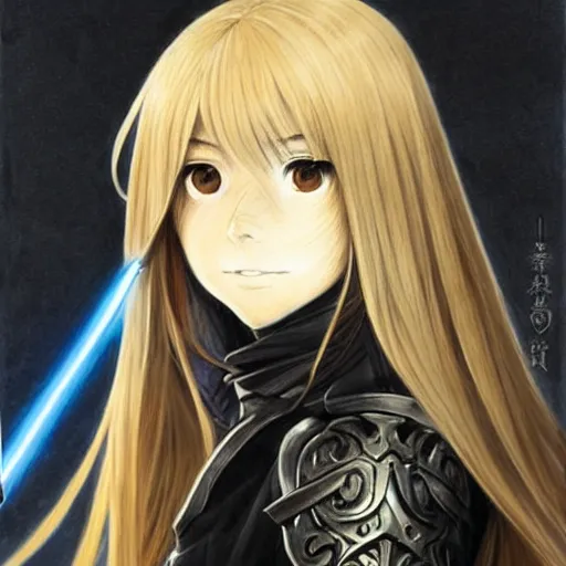 Image similar to Masterpiece head and shoulders portrait of a female Kazuto Kirigaya Kirito, young woman with blonbrown long hair and bangs and wearing a long black coat breast-armor showing through, holding a light saber, face, fantasy, intricate, elegant, highly detailed drawn by Donato Giancola and Fernanda Suarez and Artem Demura, face by Artgerm and Edmund Leighton, Alphonse Mucha, background by James Jean and Gustav Klimt, 4k, porcelain skin, komorebi, french nouveau, trending on pixiv, octane render, hyperrealistic