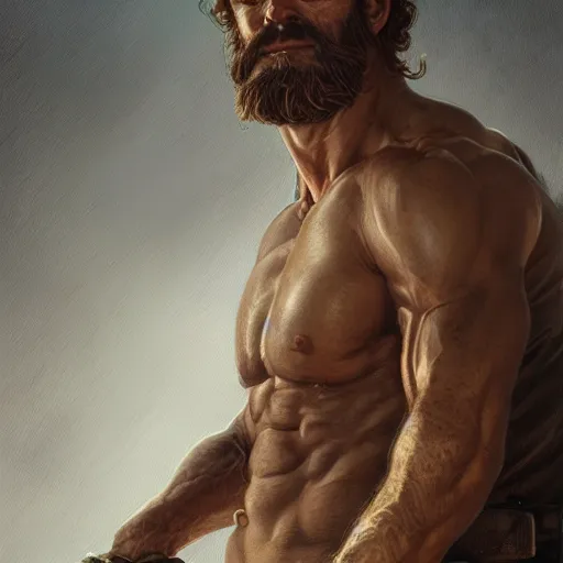 Image similar to portrait of a rugged ranger, 4 0 years old, muscular, upper body, hairy torso, d & d, fantasy, intricate, elegant, highly detailed, digital painting, artstation, concept art, smooth, sharp focus, illustration, art by artgerm and greg rutkowski and alphonse mucha