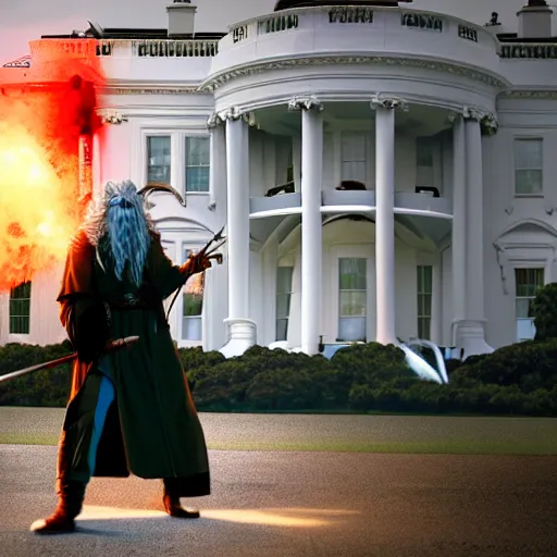 Image similar to gandalf attacks the white house, videogame still, portrait, 4 0 mm lens, shallow depth of field, close up, split lighting, cinematic