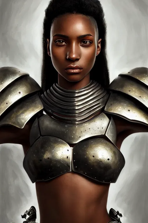 Image similar to a photorealistic painted portrait of an attractive young black girl, partially clothed in metal-plated battle armor, matt olive skin, long dark hair, flawless skin, beautiful bone structure, perfectly symmetric facial features, perfect photorealistic eyes, natural physique, intricate, elegant, digital painting, concept art, finely detailed, beautifully illustrated, sharp focus, minimal artifacts, from Metal Gear, by Ruan Jia and Mandy Jurgens and Artgerm and William-Adolphe Bouguerea, in the style of Greg Rutkowski, trending on Artstation, award winning art