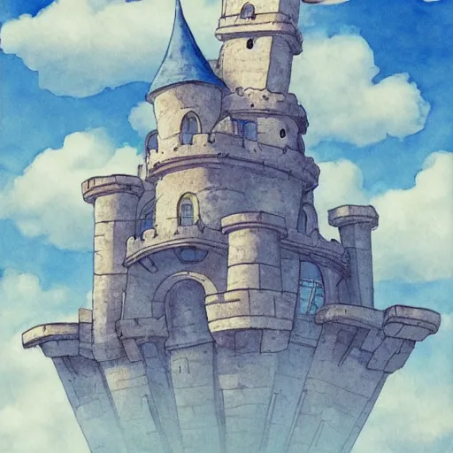 Image similar to laputa castle in the sky hayao miyazaki flying high in the sky, watercolor illustration for a book