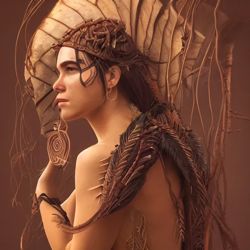 Prompt: portrait of a amazonian warrior tree bark skin archer expression of curiosity, beautiful, focused, elegant, art nouveau, dnd, sinuous, fantasy, mystical, magical aesthetics, illustration, photorealistic, soft lighting, unreal engine, matte painting, 4 k,