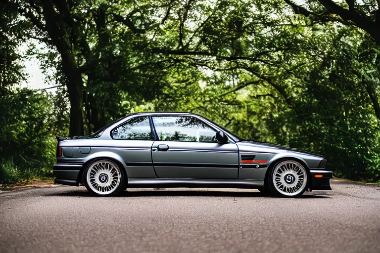 Prompt: A BMW e36 parked in a road with trees, summer season, Epic photography, taken with a Canon DSLR camera, 50 mm, depth of field