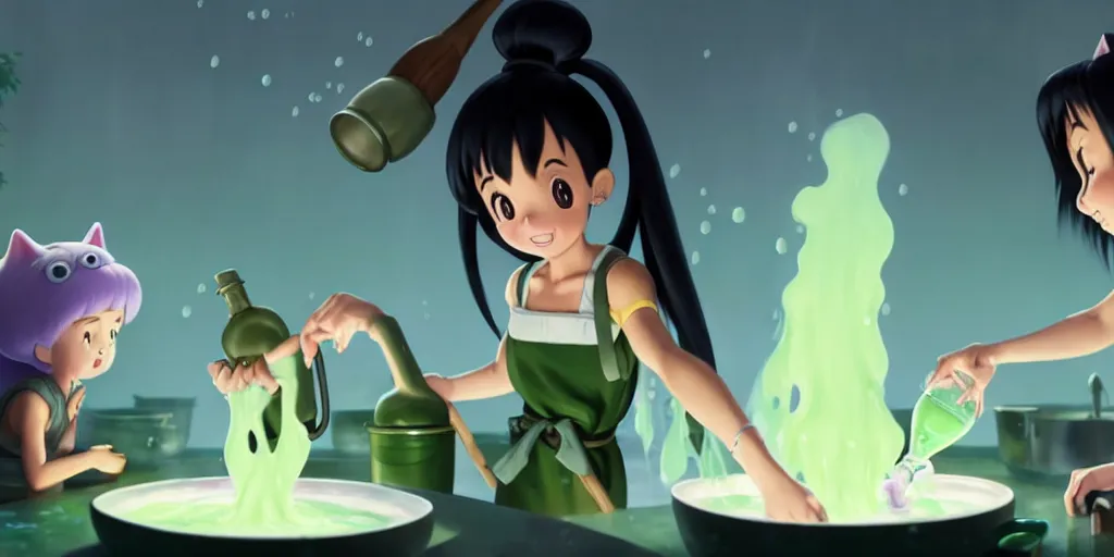 Prompt: a wholesome animation key shot of a ariana grande with black hair as a witch cooking a magic potion in her cauldron of bubbling green liquid as her cats watch, medium shot, waist up, studio ghibli, pixar and disney animation, sharp, rendered in unreal engine 5, anime key art by greg rutkowski, bloom, dramatic lighting