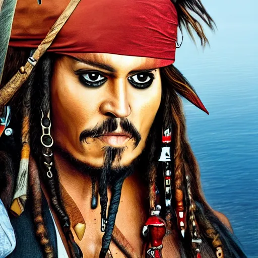 Image similar to jack sparrow with a parrot on the shoulder, portrait, 8k resolution, hyper detailed