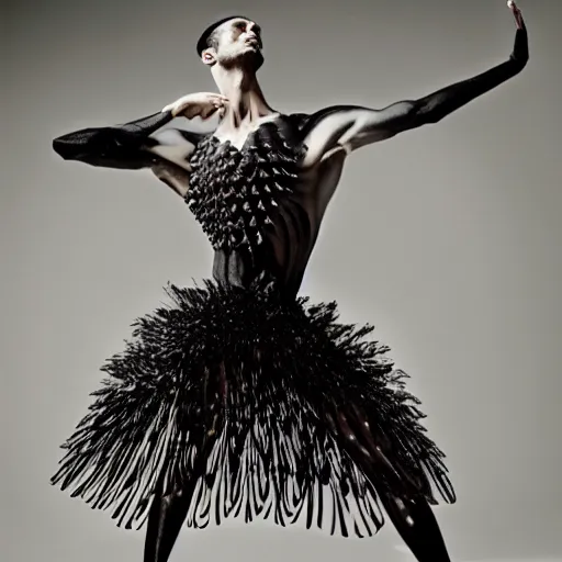 Image similar to a beautiful male dancer wearing iris van herpen couture, photographed by erwin olaf for vogue