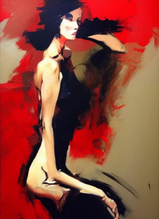 Image similar to fashion model in red dress, painting by phil hale, fransico goya,'action lines '!!!, graphic style, visible brushstrokes, motion blur, blurry, visible paint texture, crisp hd image