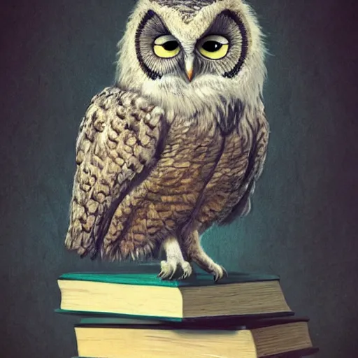 Image similar to long shot of a fluffy sleegy owl sitting on a pile of antique books, by naoto hatori, by yoshita amano, by esao andrews, fancy illustration hyperrealistic, big depth of field, fresh colors, moody evening light, 3 d octane render conceptart, 4 k, highly detailed, trending on artstation