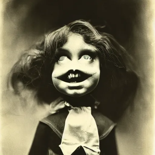 Prompt: ventriloquist doll smiling, ventriloquist dummy, photo, surrealistic, creepy, dark, epic, cinematic, style of atget, detailed