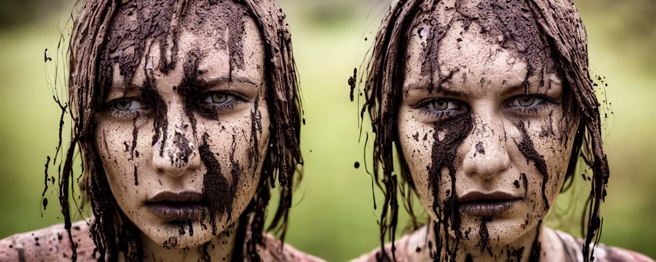 Prompt: woman with muddy face unaware