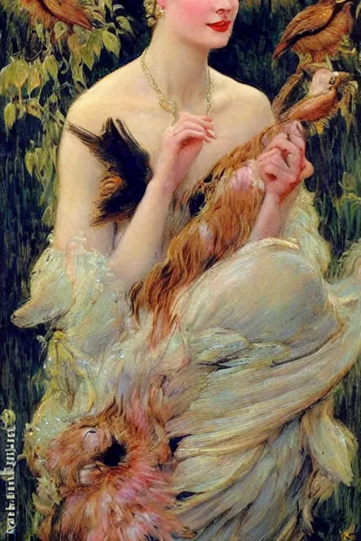 Image similar to Grace Kelly explaining the birds and the bees in the style of Gaston Bussière, art nouveau, art deco