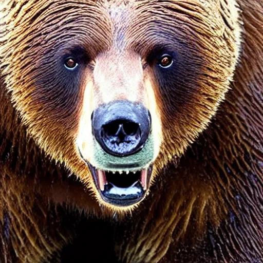 Image similar to close up of bear with and open mouth 3 ribs in between its teeth, frightening, disturbing