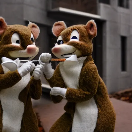 Image similar to realistic macro photo of Chip and Dale smoking, winter, brutalist houses at the background