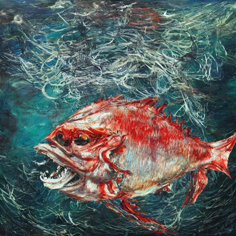 Image similar to Realistic Studio Photograph of a deep sea chimaera fish deep underwater, award-winning nature deep sea expressionistic impasto oil painting by Cy Twombly and Tim Hawkinson vivid colors hyperrealism 8k