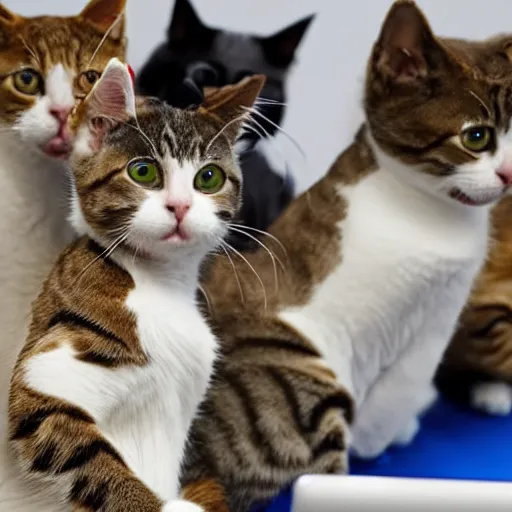 Prompt: a caller center filled with cats on the phones