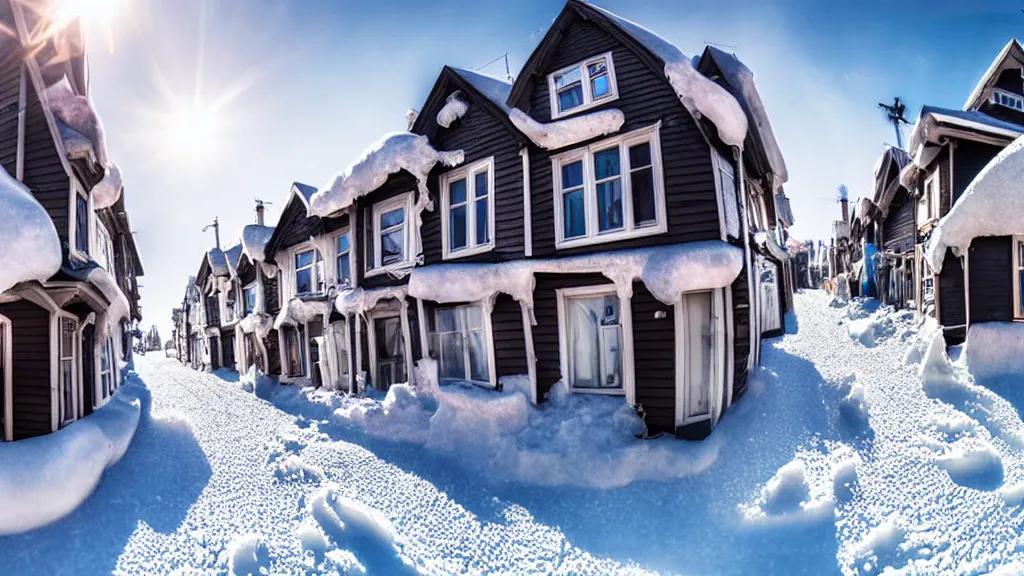 Prompt: a high detailed astonishing wide lens street photo, snow and ice covered houses melting on the sun, award winning architectural photography, 8 k, hyperreal