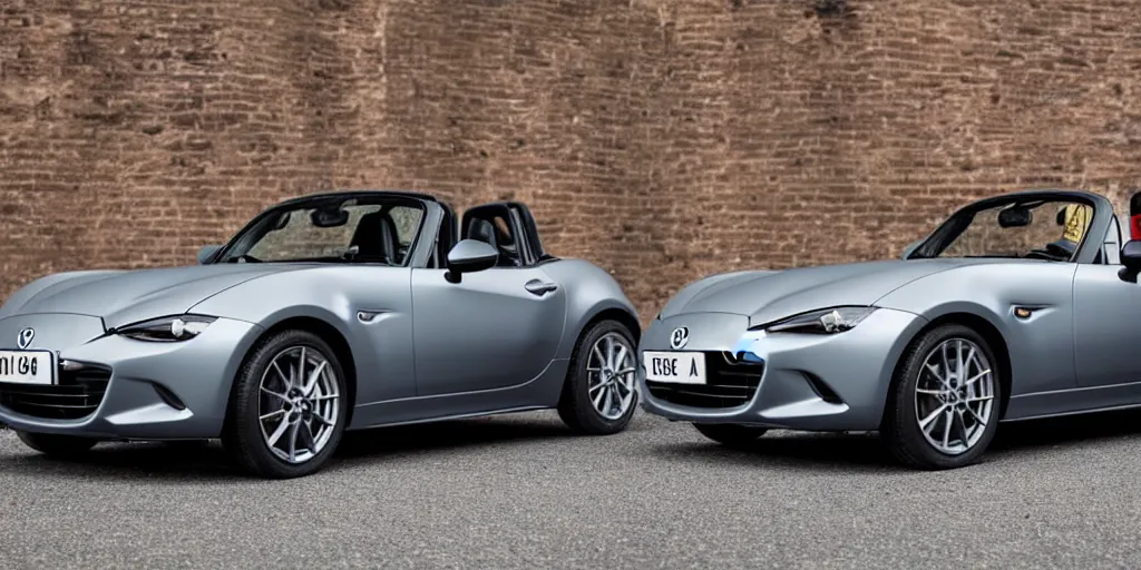 Image similar to a wide angle photograph of a grey rabbit posing with their red mazda mx-5