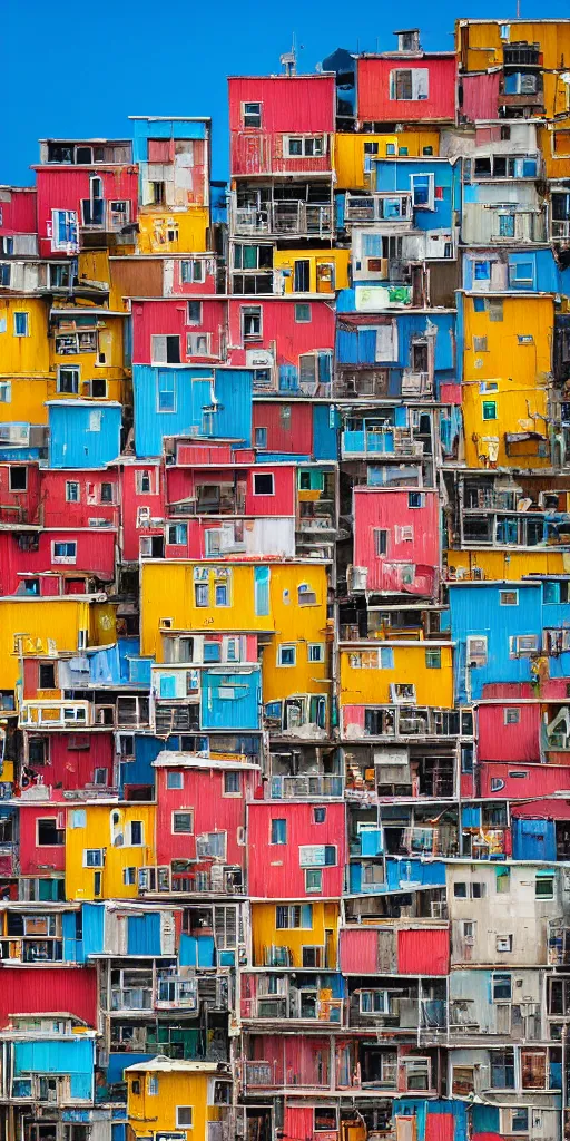 Prompt: a vertical building made up of various colourful makeshift squatter shacks, sony a 7 r 3, f 2 2, fully frontal view, photographed by ansel adams, gursky, jeanette hagglund, ultra detailed,