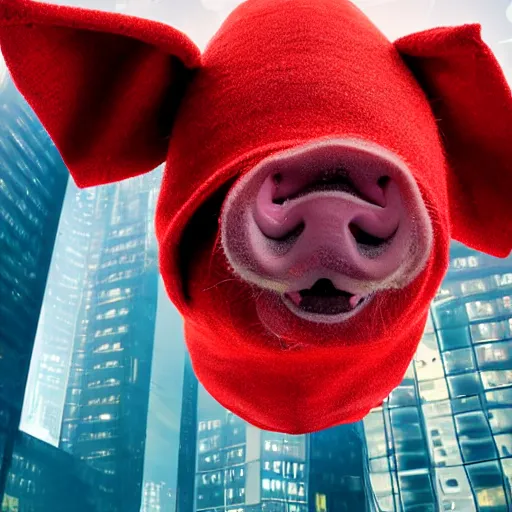 Image similar to pig in a red sweater flying in a cyberpunk city