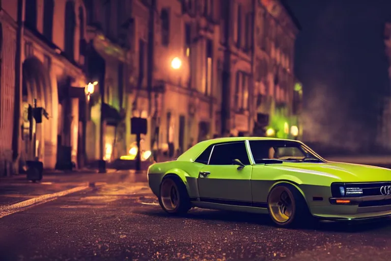 Prompt: widebody audi camaro b 1 ( 1 9 6 9 ), need for speed : carbon, at night, neon lines, lviv historic centre, phonk music background, smoke behind wheels, noise, dark, establishing shot, by simon stalenhag