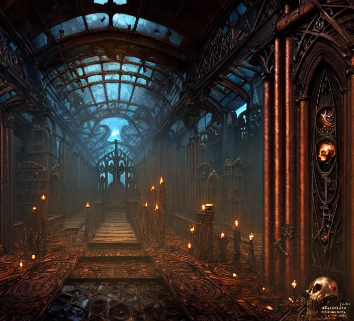 Image similar to steam necropolis, memento mori, gothic, neo - gothic, art nouveau, hyperdetailed copper patina medieval icon, stefan morrell, philippe druillet, ralph mcquarrie, concept art, steampunk, unreal engine, detailed intricate environment, octane render, moody atmospherics, volumetric lighting, ultrasharp, ominous, otherworldly