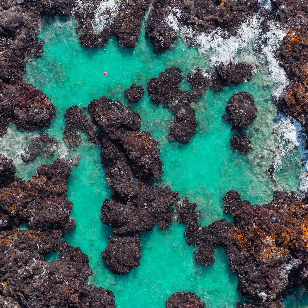 Image similar to birds eye view tide pools, clear pools of water with swirling sea foam and colorful anemones, dark black volcanic rock, floating kelp, small fishes, octopus