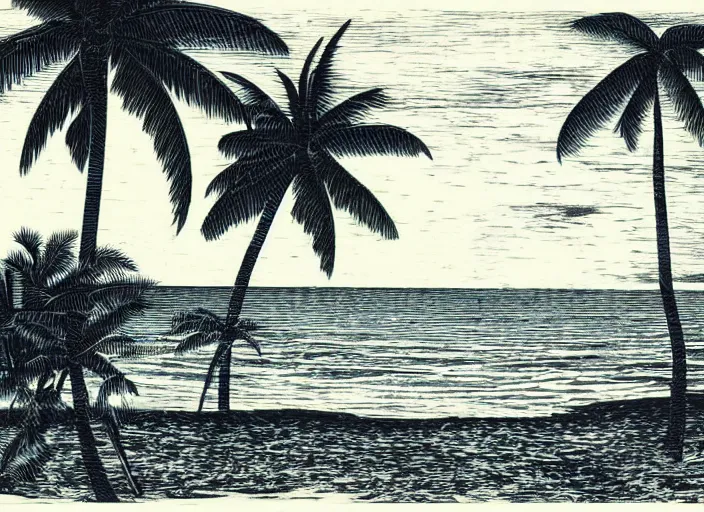 a beautiful wood engraving on paper of a beach with Stable Diffusion