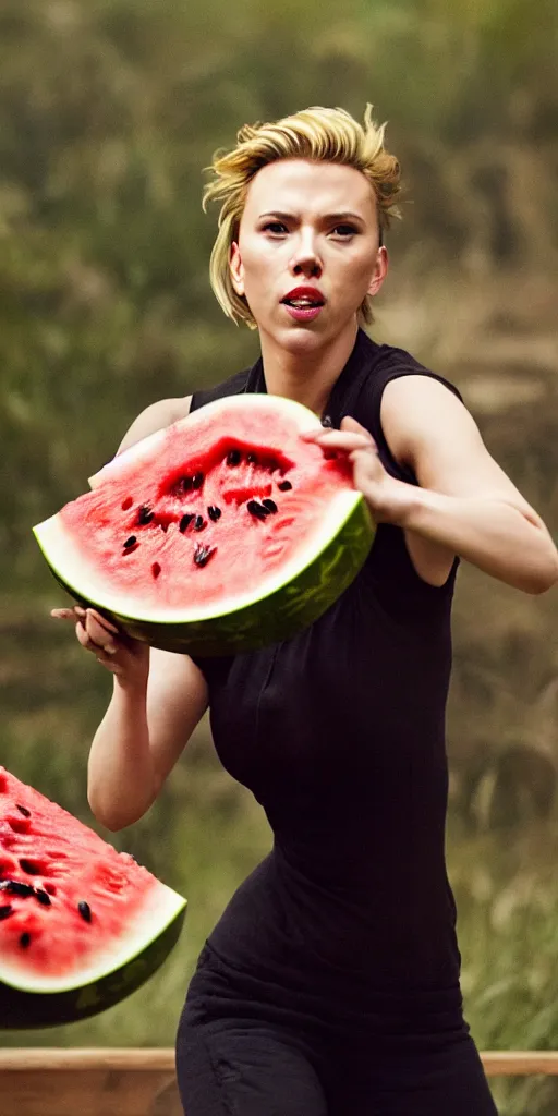 Image similar to scarlett johansson roundhouse kicking and smashing a watermelon, film still, highly detailed, film grain, behind the scenes, photorealism