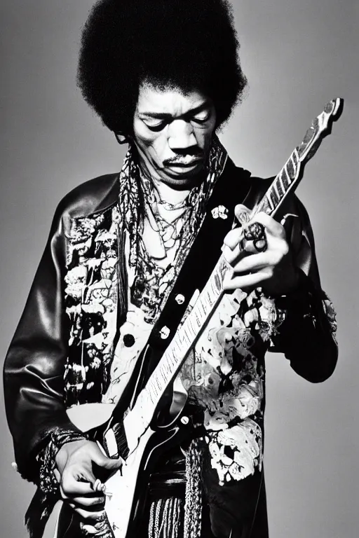 Image similar to photo of jimi hendrix playing guitar, styled by nick knight posing, showstudio, face close up, vogue magazine, 1 9 7 0, canon, highly realistic. high resolution. highly detailed. dramatic. 8 k. 4 k