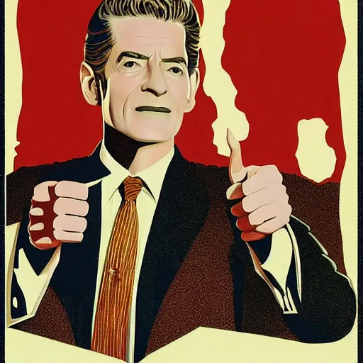 Prompt: Twin Peaks poster artwork by Michael Whelan, Rendering of Dale Cooper giving thumbs up.