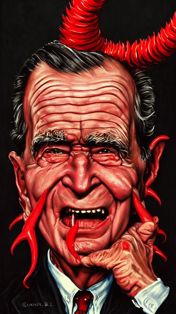 Image similar to demonic george hw bush with red horns, painting in the style of norman rockwell, 1 9 5 0 s, evil, satan, devil, demonic, demon, hyperrealistic, photorealistic, award - winning, 4 k, ultra hd, artstation, intricate, highly detailed, american, usa, dark, gritty