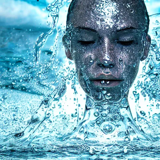 Image similar to water artwork manipulation in the shape of a human head, on the ocean water, ray tracing, realistic water sharp focus, long shot, 8 k resolution, cinematic, amazing water art