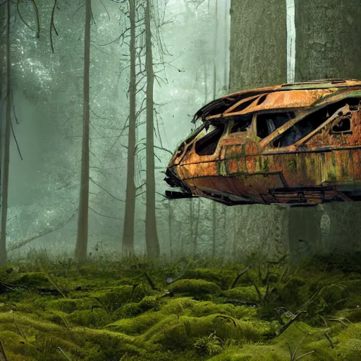 Prompt: derelict spaceship in a Forrest, hyper detailed, overgrown with moss, rusty metal, wildlife, daytime