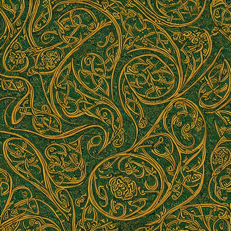 Image similar to medieval celtic arabic ornament with mystic birds and flowers, highly detailed, green and gold, fractal, mandelbrot,