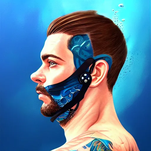 Image similar to a profile photo of a man with underwater helmet with tattoos on arm and neck, side profile in underwater, highly detailed, digital painting, artstation, illustration by Sandra Chevrier