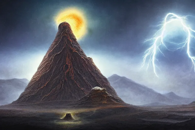 Image similar to the primordial chaos maelstrom, giant looming Aztec pyramids with moons and planets behind lightning arcs from clouds of pyroclastic flow, volcanoes and a single cosmic Yggdrasil bonsai tree by Jessica Rossier and HR Giger