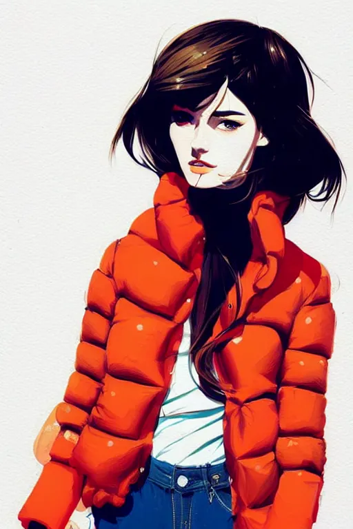 Image similar to a ultradetailed beautiful painting of a stylish woman wearing a puffer jacket, by conrad roset, greg rutkowsk and ilya kuvshinov trending on artstation