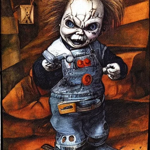 Prompt: painting of chucky by judson huss and henriette grindat and albrecht durer | horror themed | creepy